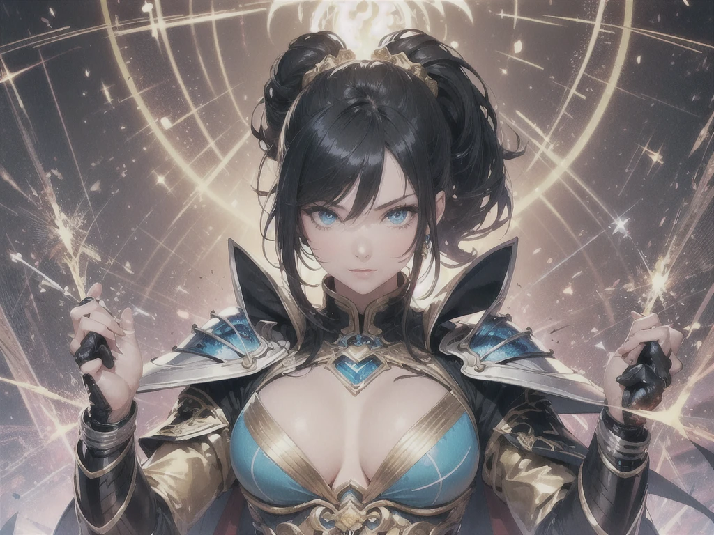 a mature woman, a china woman, Confident, mighty and strong, (black blue hair streaked sky blue luminous hair), ((Extra long high ponytail with single side ear front hair combed in back)), floating hair, hair strand, shiny hair, blue amber eyes, pupils sparkling, aqua eyes, glowing eyes, pupils sparkling, upturned eyes, long upper eyelashes, double eyelids, deep red purple lips, white crystal earrings, a slight smile, (((Glowing clothing effect))), (Silver full body heavy armor), (super high exquisite black and gold twin color pattern on silver armor:1.6), ((The left forearm is surrounded by fire)), ((The right forearm is surrounded by lightning)), (A huge upright magic ring of fire and thunder appears behind the shoulder:1.4), She is a war goddess, Random pose, Random expressions, Random background, White light surrounding the body, god rays, anime, full_body, Wide-Angle, UHD, masterpiece, award winning, 8k, super detail, best quality, retina, ccurate, super textured skin, super detail face, perfect face, Super fine facial details, beautiful and delicate eyes, perfect eyes, anatomically correct, correct limbs, correct finger, super detail finger, best hair quality, best clothing quality, best prop quality, best totem detail and quality, complex totem detail