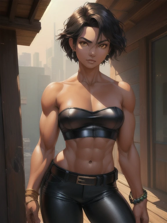 8K, (best quality:1.3), (masterpiece:1.3), (detailed:1.2), distinct image, ((portrait shot)), ((photogenic, rule of thirds)), RAW photo, (realistic art style:1.2) (Photorealistic Natural Human Body), sharp focus, deep colors, deep shadows BREAK Solo, looking at viewer, impressive expression, 1girl, ((26 year old, Filipino Woman, tanned bronze skin:1.02, short black hair:1.3, Detailed Amber eyes:1.03, Detailed face, medium breasts, (Wearing: Strapless Black tube top, black leather pants, white belt, bracelets:1.2)), (midriff), (agile physique:1.1), (Character Focus),Perfect Anatomy,(Professional Lighting), Looking at Viewer)), 4k textures, raw photo, epic artistic, photoreal art, sharp focus, even lighting, insane details, intricate details, hyperdetailed, rich colors