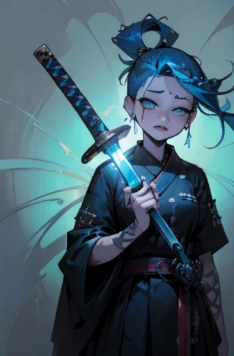 ((18-year-old punk girl,Unusual temple undercut :1.3)),((Blue and white UK punk fashion:1.5)),(Light black and blue hair:1.5、long bangs:1.5、short hair)Studded clothing、((Holding a sword in his hand:1.2))、((Carrying a sword on your back))、（narrow and small eyes、eyes closed）,Wacky makeup、breast enhancement, (masterpiece), (High resolution), (super delicate), scribble, nightmare, doll-like face, cartoon style, rough sketch, Horror elements, Comic style illustration, Japanese painting,  Apparition, (Creepy), Japanese carving, crazy illustration, antique, dark atmosphere, flat illustration,Creepyな外観, unique atmosphere
