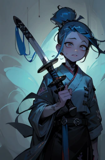 ((18-year-old punk girl,Unusual temple undercut :1.3)),((Blue and white UK punk fashion:1.5)),(Light black and blue hair:1.5、long bangs:1.5、short hair)Studded clothing、((Holding a sword in his hand:1.2))、((Carrying a sword on your back))、（narrow and small eyes、eyes closed）,Wacky makeup、breast enhancement, (masterpiece), (High resolution), (super delicate), scribble, nightmare, doll-like face, cartoon style, rough sketch, Horror elements, Comic style illustration, Japanese painting,  Apparition, (Creepy), Japanese carving, crazy illustration, antique, dark atmosphere, flat illustration,Creepyな外観, unique atmosphere
