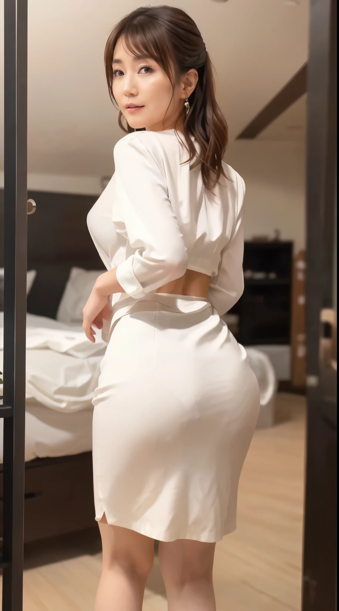 ((best quality)), ((masterpiece)), (detailed), perfect face tall skinny brunette at a spa in a white robe no nudity covered up turned away looking back with robe hanging off