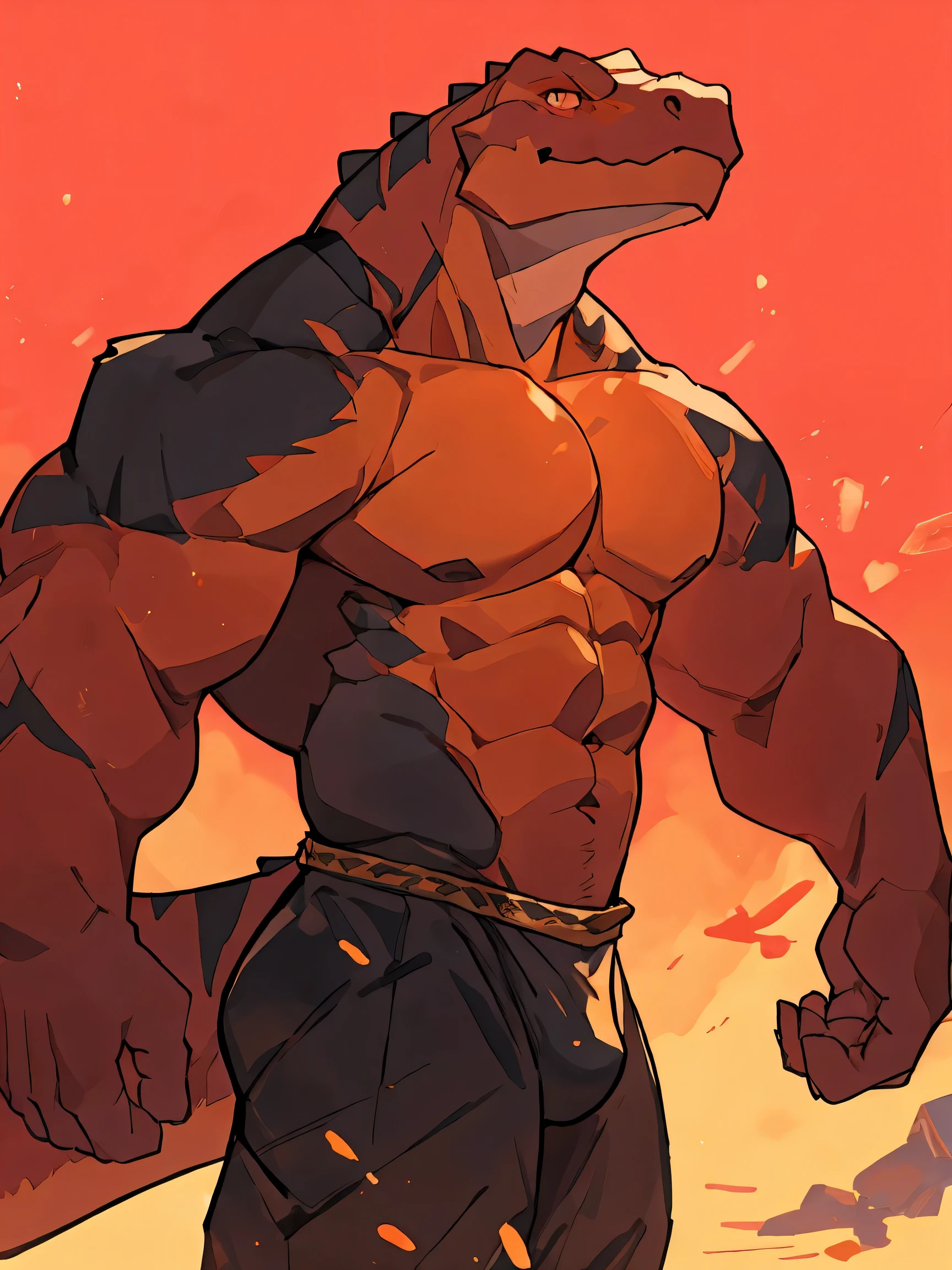 (ByZEphyrus)furry,solo,pink-orange skin tyrannosaurus, detailed eyes, front facing viewer, Muscular,Nude body,Wear jewelry,red background,There is a fruit on the back.,dyed smiley face,Attractive sight,(maximum detail,Backlit,4K) by bebebebebe by goonie-san by dangpa, grabing bulging boner, hard bulge