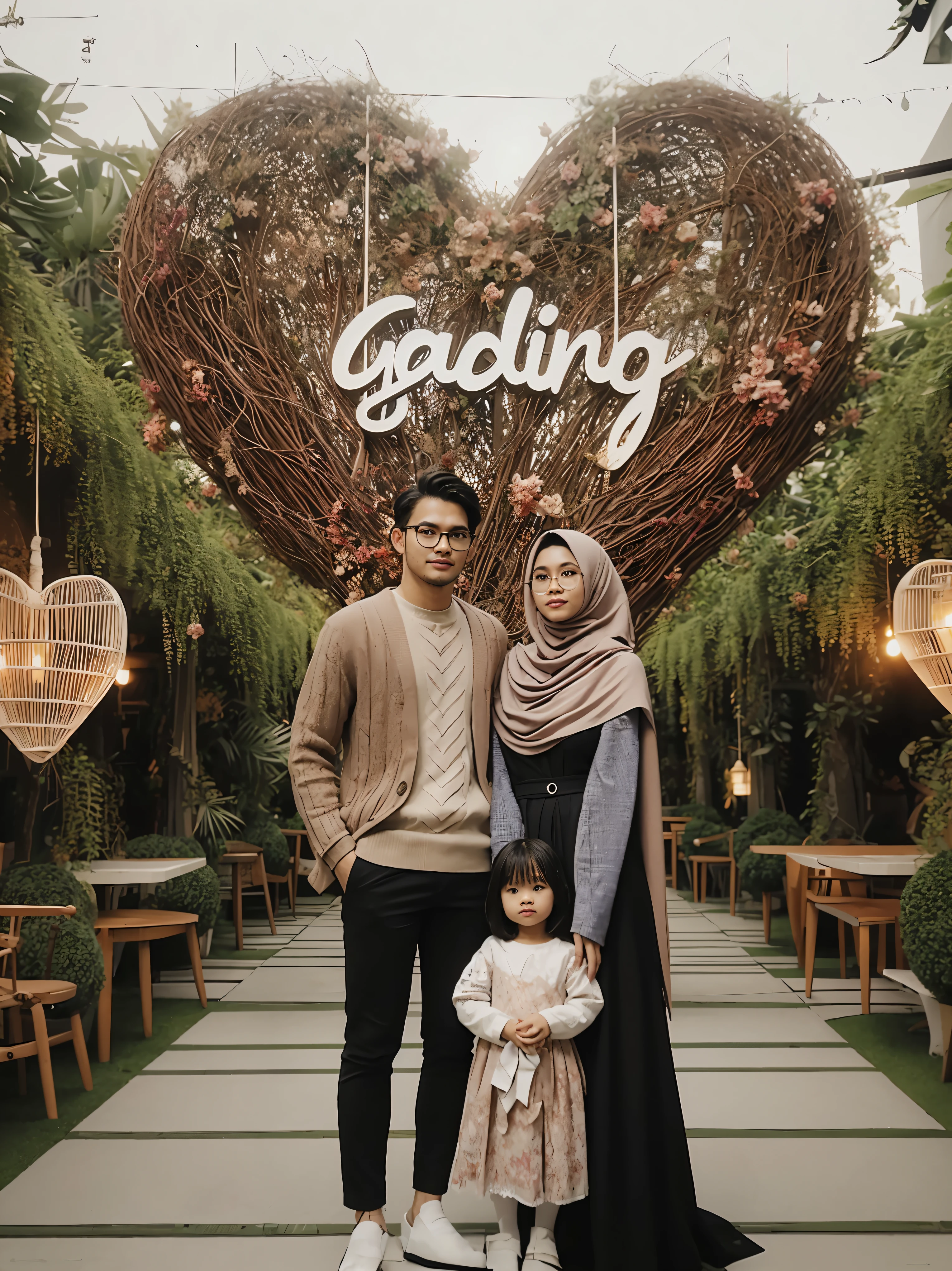 there is a man and woman and a standing in front of a heart, barong family, inspired by Shaddy Safadi, an indonesian family portrait, by Abidin Dino, in garden, trending on pinteresst, gardening, official fanart, barong family member, chilling, inspired by Abidin Dino, inspired by Bernardino Mei, heartwarming