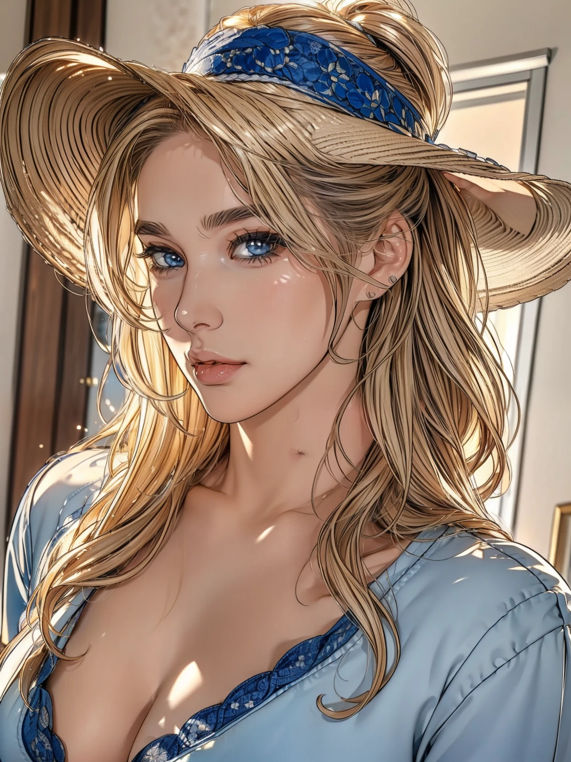 (best quality, high resolution, ultra-detailed, masterpiece:1.2), messy, wavy blond hair, adult, blue eyes, ponytail, focus on the handsome face, casual clothing, charming, attractive, intricate eyes and facial features, sun-kissed skin, wearing a deep 10-gallon hat and striking a stylish pose.