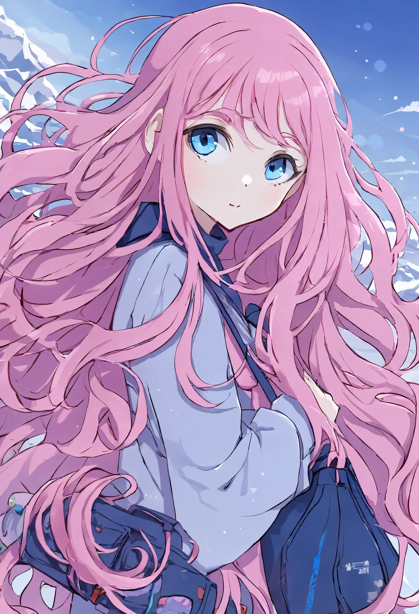 Girl, fair skin, long pink hair, blue eyes, wearing  and holding a bag