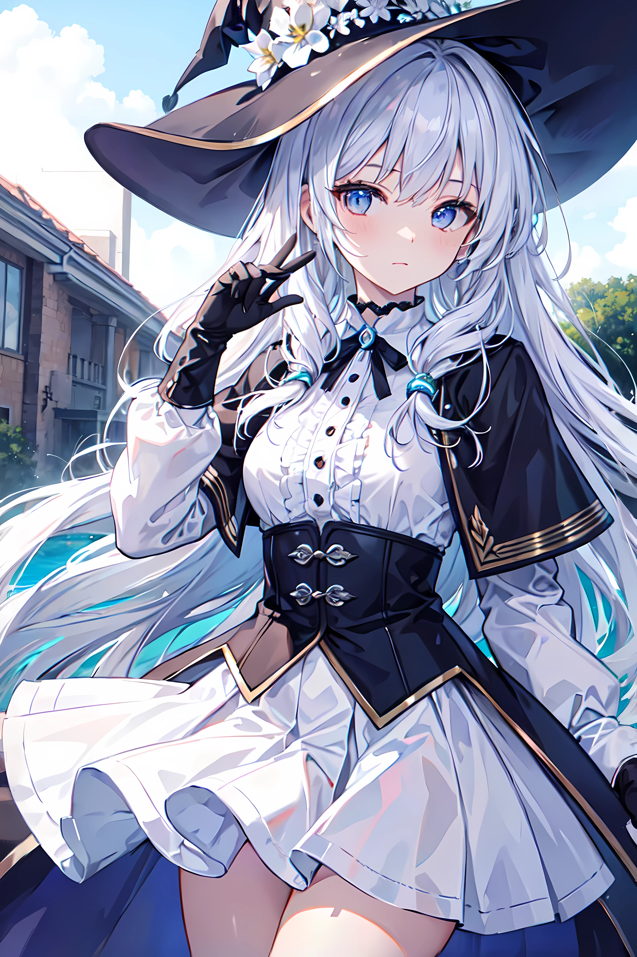 (8K, highest quality, masterpiece:1.2),(eye),((Clothes details)),High-definition CG Unity 8k, focus, realistic, shadow, soft lighting, close-up, white hair, flutter hair, gorgeous, warm smile, witch, high waist skirt, white skirt, long sleeves, ribbon, white dress, gloves, Choker noble necklace. ((skies))