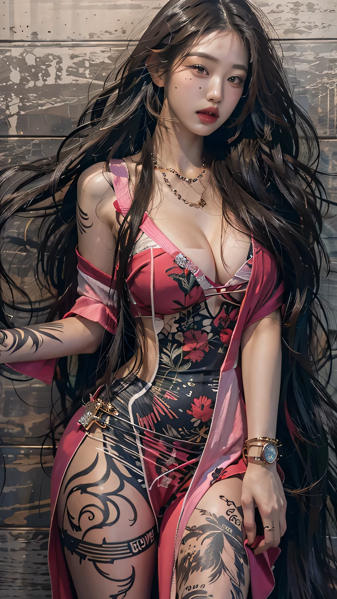 photorealistic, high resolution, soft light,1women, solo, hips up, shinning skin, (detailed face), jewelry, tattoo, super long hair, sperm on her face (facial), black hair, long hair, mafia