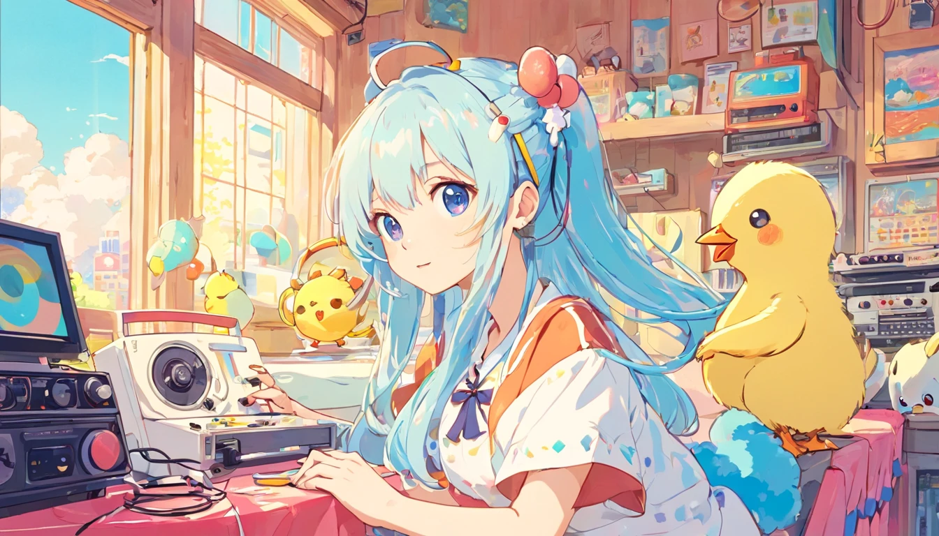 (((Girl's UP)))、(((The girl's face is well visible)))、make many round chicks、(())、(((cassette tape、radio cassette player、record)))、cute beautiful girl、((Listening to music with headphones on))、machine、Note、computer、light bulb、window、Chair、curtain、retro、(((80s))) Neon color、pastel colour、((blue and white room))、Polka dot pattern、lemon、80'sパターン、round pattern、square pattern、Cartoon screentones、Dot pattern is applied from above、cooking、chick chick、Cotton candy、candy、(((Get into a rhythm))), (((lofi-art))), Cute white fur ball creature、(((The structure and balance of the face of the human body, objects, and living things are well-balanced without any discomfort.))), (((the fingers of the hand5Book))), (((beautiful and well-shaped body)))、(((Cute and beautiful face)))、Ramune Ramune Ramune、summer
