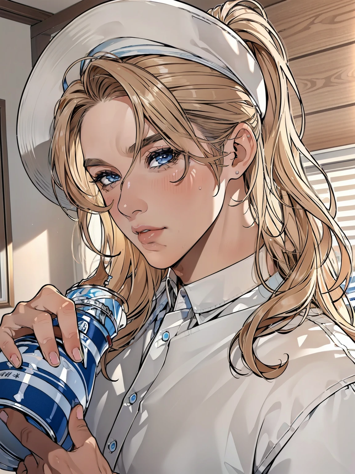 (best quality, high resolution, ultra-detailed, masterpiece:1.2), messy, 100,000 Man, wavy blond hair, adult, blue eyes, ponytail, focus on the handsome face, casual clothing, charming, attractive, intricate eyes and facial features, sun-kissed skin, wearing a deep 10-gallon hat and striking a stylish pose.