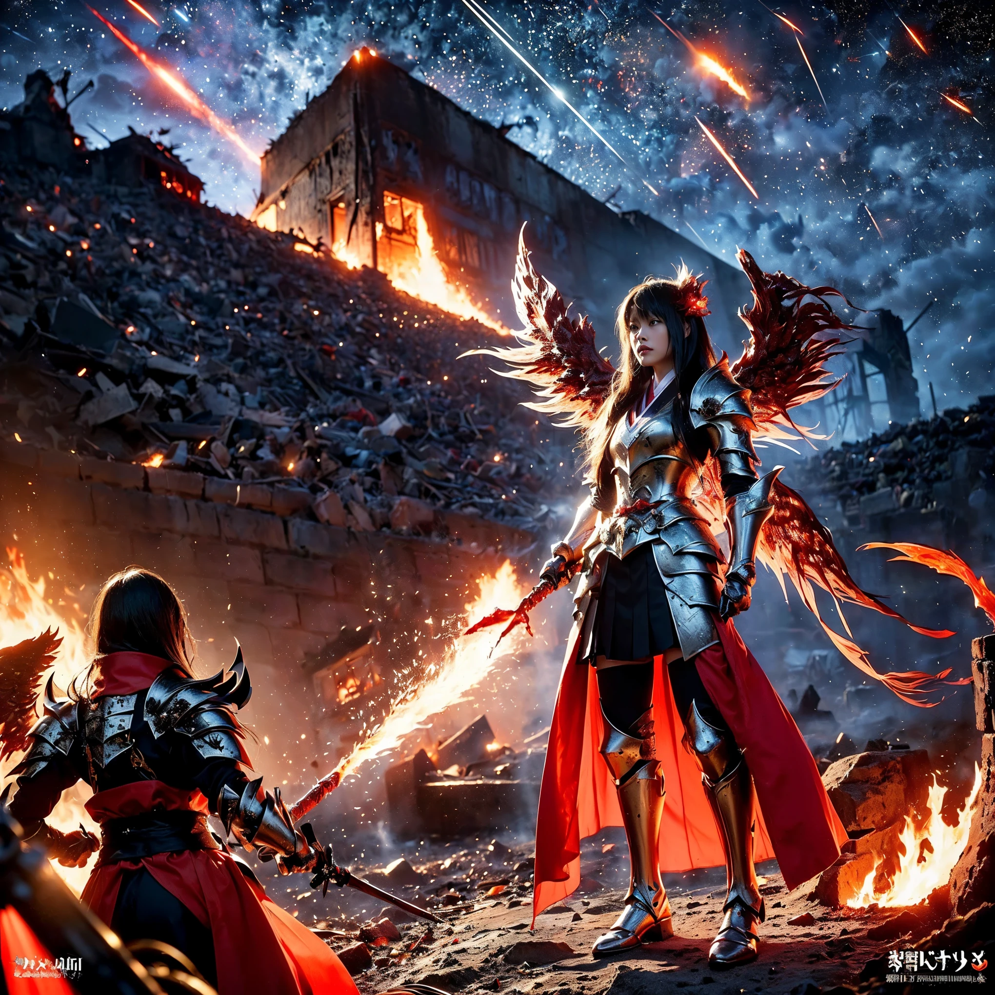 (((Realistic, masterpiece, best quality, crisp detail, high definition, high detail, very rich detail, sharp focus, sharp detail, colorful, rich color, perfect studio lightning))), ((20 years old, japanese goddess of hell, kasumi arimura)),(((in the middle of war, epic war scene))), wearing (((beautiful decorated golden heavy armor, phoenix armor, phoenix tails, decorated full body armor, fully armored beautiful kimono, wide colorful phoenix wings, blue aura))), (flying, floating, air attack stance, burning hands, holding fantasy weapon, blood scattered face, blood tears, blood bath, blood shed), (((fire everywhere, blood everywhere, death everywhere, japan bakumatsu period, dead bodies,carcass,burned japanese castle,hellish,chaos, hell fire, infernal molten lava land, erupting volcano, meteor shower, armageddon, end of days)) burned traditional village background), shot from below