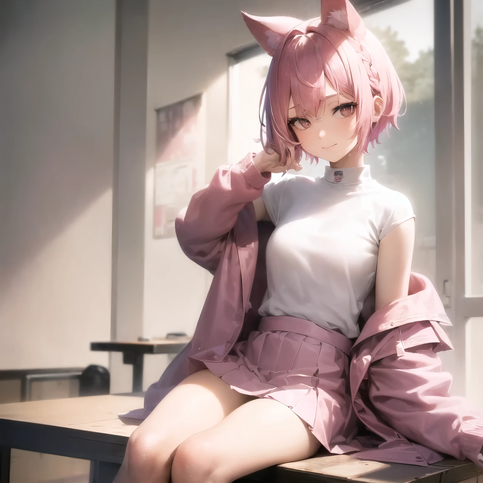 ((masterpiece, best quality)), (1girl), (solo), (female focus), (pink hair, short hair, undercut, ahoge), black eyes, dead eyes, half closed eyes, small smile (white labcoat), t-shirt, (pink skirt), (chin rest on table), (laboratory), coffee on table, (pink cat ears), (pink cat tail)