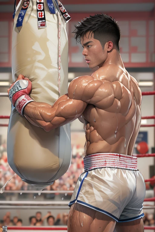 photorealistic image of nude handsome 25 year old indonesian man who looks like yoshi sudarso, medium length undercut, ((tightly hugging a punching bag)), in boxing gym, fighting gloves, fighters in the background watching him, full body, fill frame, perfect supermodel face, gay, homosexual, homoerotic, intricate details, highly detailed, full body, fill frame, zoomed out, nude, naked, dripping precum, projectile cum, cumming, ((sweaty)), sweat dripping, side view, men in thong