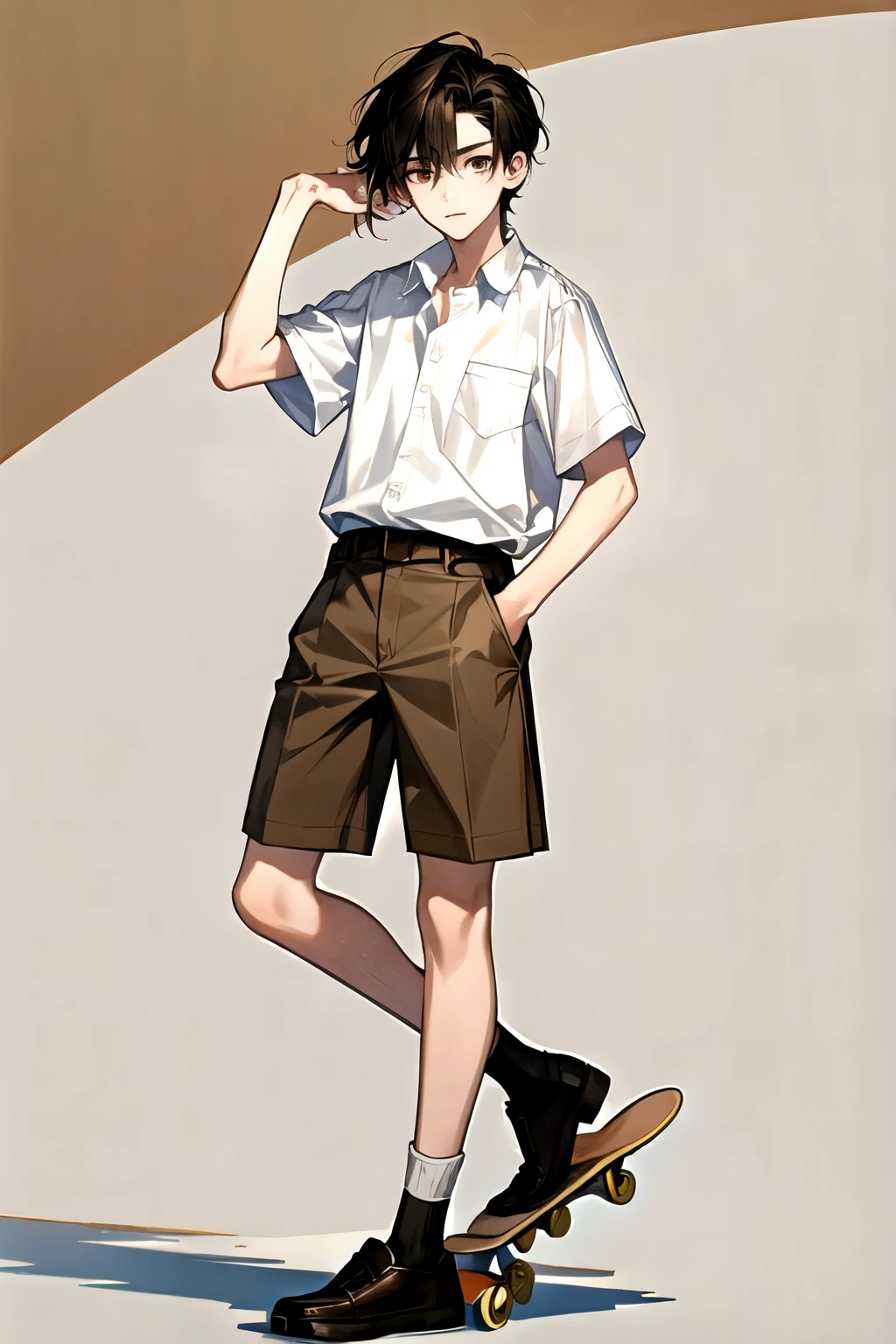 Masterpiece, best quality, highres, solo, 1 male, ager, black hair, brown eyes, high school, white shirt，brown short pants, skateboard, headphone 