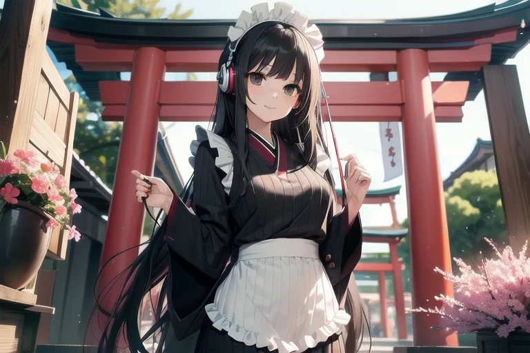 1girl, anime, black eyes, long black hair with square bangs, very long black hair, super long black hair, skirt and stockings, heels, black Japanese style kimono mixed with ribbed black sweater with red accents and sakura floral design, ((ribbed black sweater)) adult, (Japanese shrine/temple background), gamer, (((gamergirl))), (((office lady))), kimono sleeves, garter, graceful, (((maid uniform design))), broom, happy headphones, (sakura floral design)