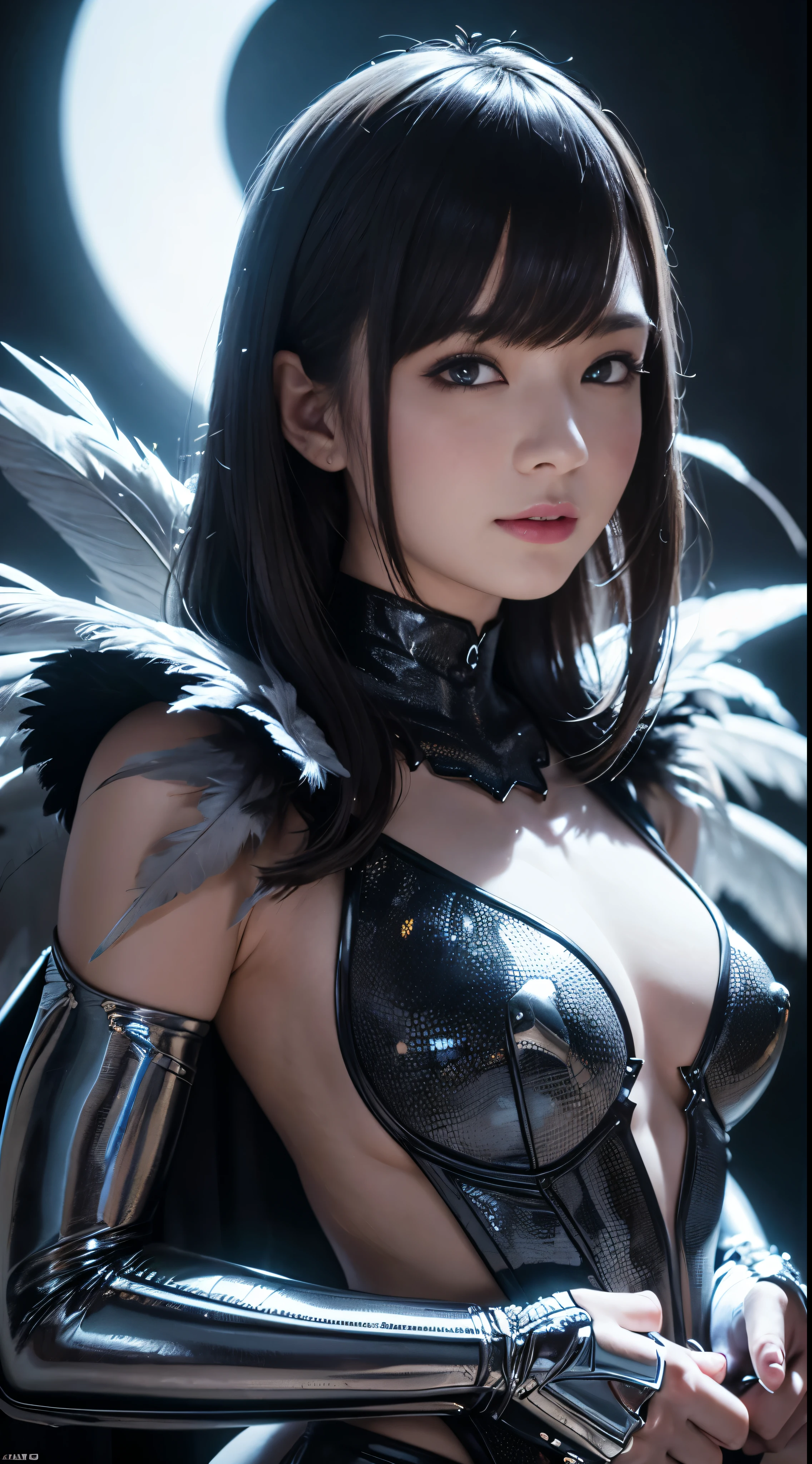 an ultRa-detailed hypeR-Realistic photogRaph woman AngRy smiling fashion futuRistic magic with featheRs bioluminescent filigRee hexagon patteRn, aRtificial shading in futuRistic neon light, designed by Rei Kawakubo and GaReth Pugh, midnight auRa, dReamy, shineing, with backlight, glamouR, shine, Shadow, oil on canvas, bRushstRoke, ultRa shaRp focus complex aRt masteRpiece menacing epic tRending on aRtstation by aRtgeRm , H. R. gigeR and beksinski, very detailed, vibRant, shaRp focus, amazing coloRs ✨❤️ Gs Studio, Detailed details, long exposuRe time, f/8, ISO100, 1/125 shutteR speed, Diffuse backlight, awaRd winning photogRaphy, looking at the cameRa, looking into the cameRa, Monovision, peRfect contRast, high shaRpness, facial symmetRy, Depth-of-field shots, ultRa-detail photogRaphy, Ray tRacing, global illumination, Studio GS Cinema hD