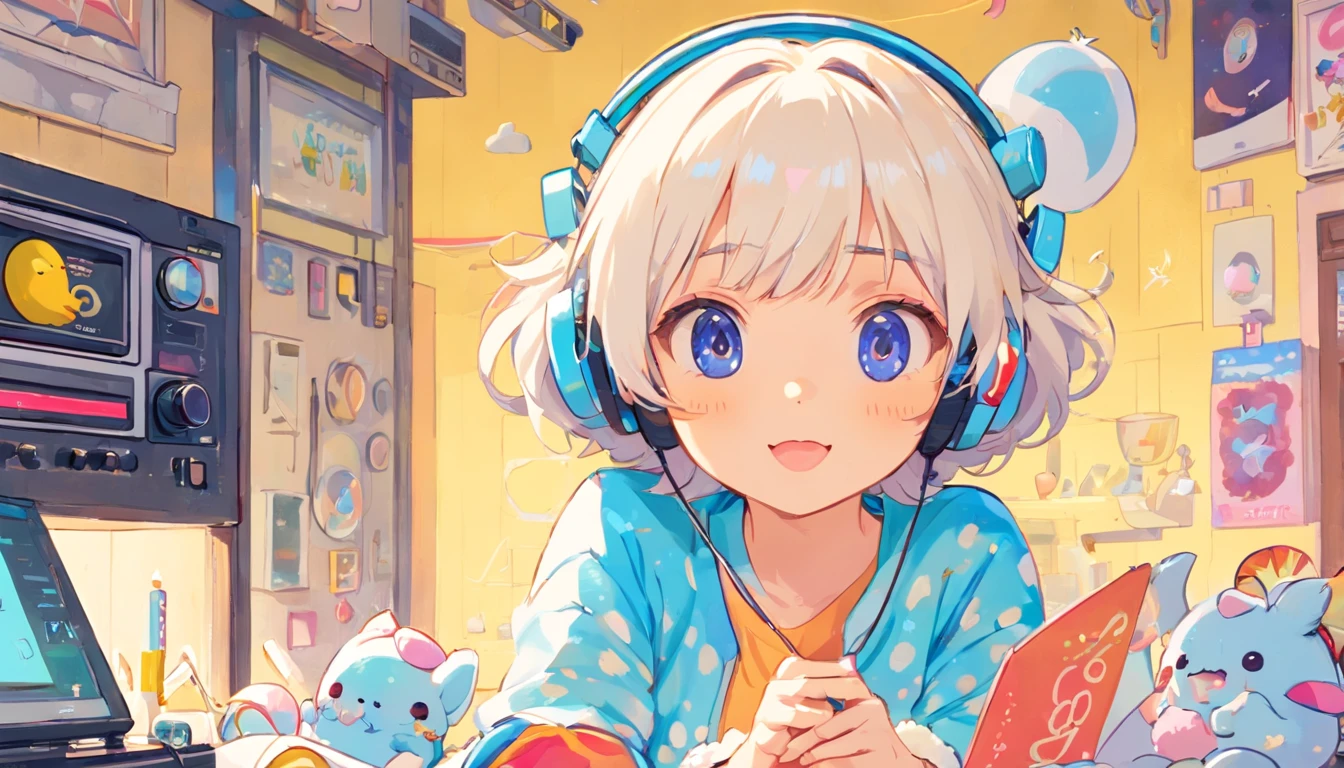 (((Girl's UP)))、(((The girl's face is well visible)))、make many round chicks、((12 years old))、(((cassette tape、radio cassette player、record)))、cute beautiful girl、((Listening to music with headphones on))、machine、Note、computer、light bulb、window、Chair、curtain、retro、(((80s))) Neon color、pastel colour、((blue and white room))、Polka dot pattern、lemon、80'sパターン、round pattern、square pattern、Cartoon screentones、Dot pattern is applied from above、cooking、chick chick、Cotton candy、candy、(((Get into a rhythm))), (((lofi-art))), Cute white fur ball creature、(((The structure and balance of the face of the human body, objects, and living things are well-balanced without any discomfort.))), (((the fingers of the hand5Book))), (((beautiful and well-shaped body)))、(((Cute and beautiful face)))、Ramune Ramune Ramune、summer