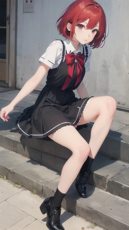 1girl, (masterpiece), best quality, expressive eyes, perfect face, anime girl with red hair, (anime girl wearing a black dress), school girl in gothic dress, stellar style eyes, cute anime girl, fullbody, anime visual of a cute girl, , red eyes, red hair, small breast, short-hair, detail eyes, shining eyes