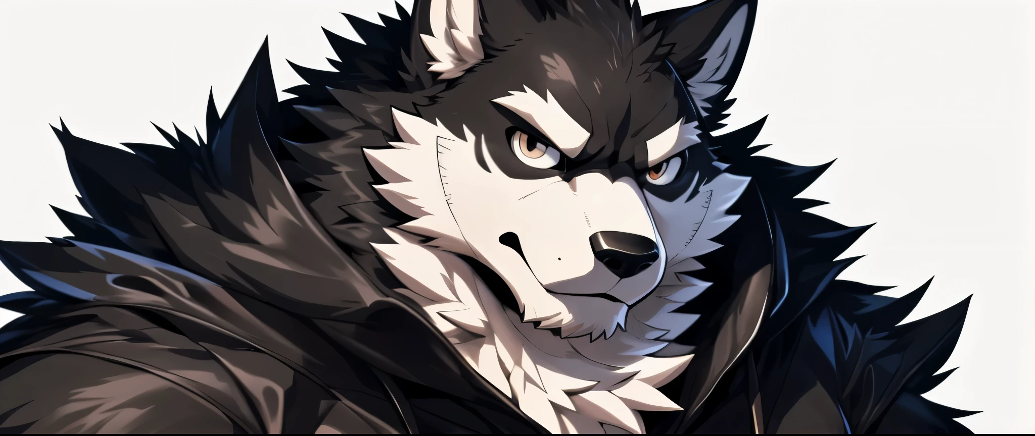 solo, ((fluffy fur, fluffy, furry body)), detailed fluffy fur, detailed face, detailed eyes, dynamic pose, (ultra detailed), sharp focus, niji, eyesgod, furry, (gray-black fur:1.5), white beard, anthro (wolf), male, middle-aged, (white belly:1.5), (((muscular))), ultra detailed face, high details, high quality, (best quality,4k,8k,highres,masterpiece:1.2), by takemoto arashi, by kulplant, by null-ghost, by 69panda, dynamic lighting, (looking at viewer), close-view portrait, (serious face, furrowed eyebrow:1.4), highres, cartoon style, (simple background), (face focus), (Persona 5 Art Style), (lineart:1.2), manga style