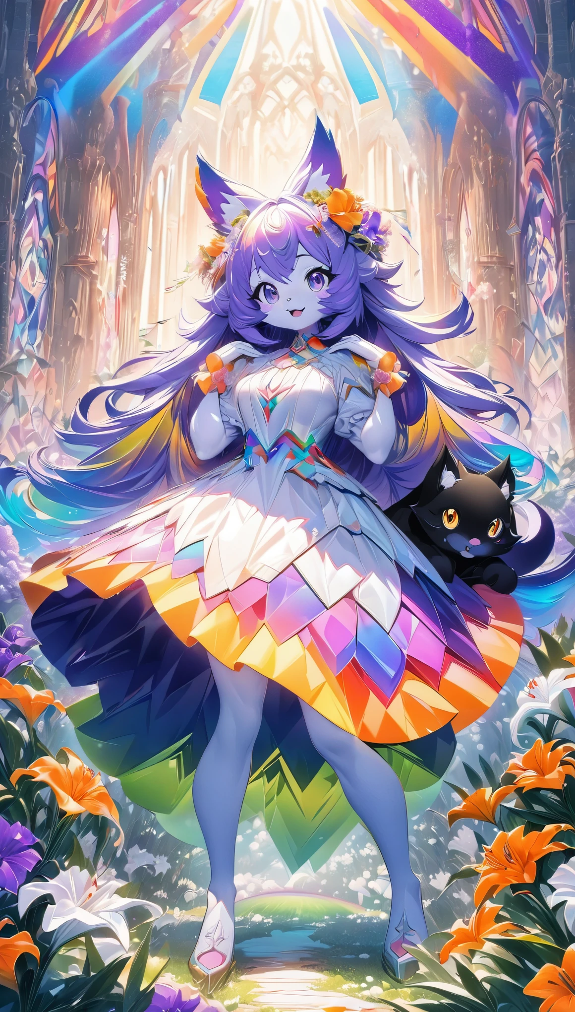 furry, personified, best quality, super fine, 16k, incredibly absurdres, extremely detailed, black cat beast-girl, looks very happy wearing cute frilly dress, cute pose, buried among white lilies of the valley, orange lilies, and purple violets, happy look, blend art, mixture art, design art, fantasy world image, variety of visual styles that combine various artistic elements like a sparkling iridescent pastel and vivid colors, sunlight shining through