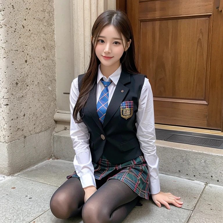 (8K), (highest quality: 1.2), (realistic), (realistic: 1.37), ultra high resolution, (1 girl), cute, smile, closed mouth, beautiful details, beautiful nose, wet hair, giant dulcefo, pork, thighs,self snap,University Student Uniform,simple blazer,pleated skirt,(The pattern of the skirt and tie is a tartan check pattern...:1.3),(sitting:1), sit on the ground,(hugging own legs:1),opaque tights,from the front