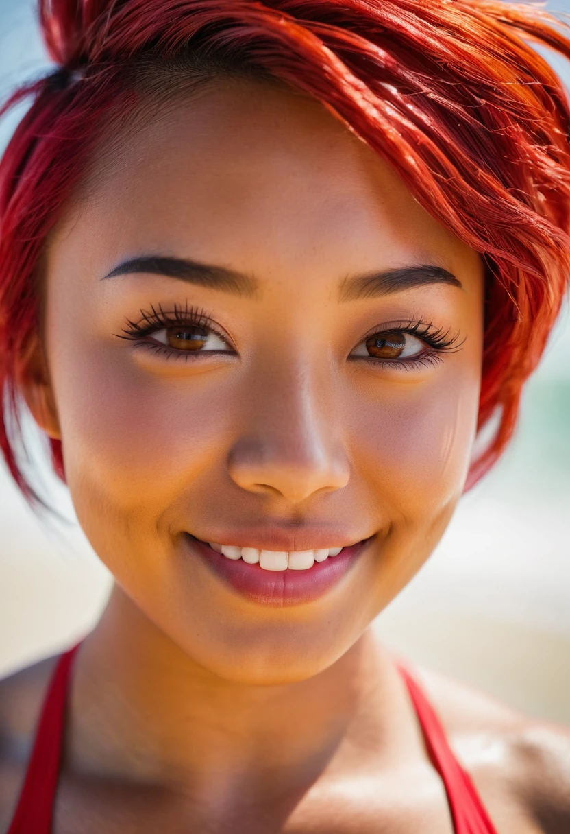A detailed portrait of Maci Bradley, an English asian girl, 22 years old, athletic body, upturned hazel eyes, short beehive hairdo red hair, thin eyebrows, happy face,
wearing swimsuit,
hug,looking down,
indoors, a beach, summer,
Hasselblad 500C, Straight on, Medium Close Up frontal, long exposure, (realistic, highly-detailed, masterpiece, 8k)