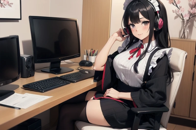 1girl, anime, black eyes, long black hair with square bangs, very long black hair, super long black hair, skirt and stockings, heels, black Japanese style kimono mixed with ribbed black sweater with red accents and sakura floral design, ((ribbed black sweater)) adult, (Japanese shrine/temple background), gamer, (((gamergirl))),  (((office lady))), kimono sleeves, garter, graceful, (((maid uniform design))), broom, happy headphones, (sakura floral design)