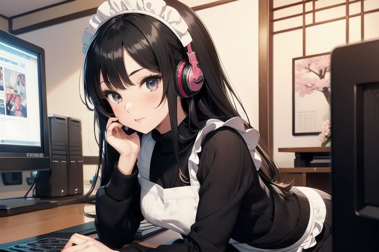 1girl, anime, black eyes, long black hair with square bangs, very long black hair, super long black hair, skirt and stockings, heels, black Japanese style kimono mixed with ribbed black sweater with red accents and sakura floral design, ((ribbed black sweater)) adult, (Japanese shrine/temple background), gamer, (((gamergirl))),  (((office lady))), kimono sleeves, garter, graceful, (((maid uniform design))), broom, happy headphones, (sakura floral design)