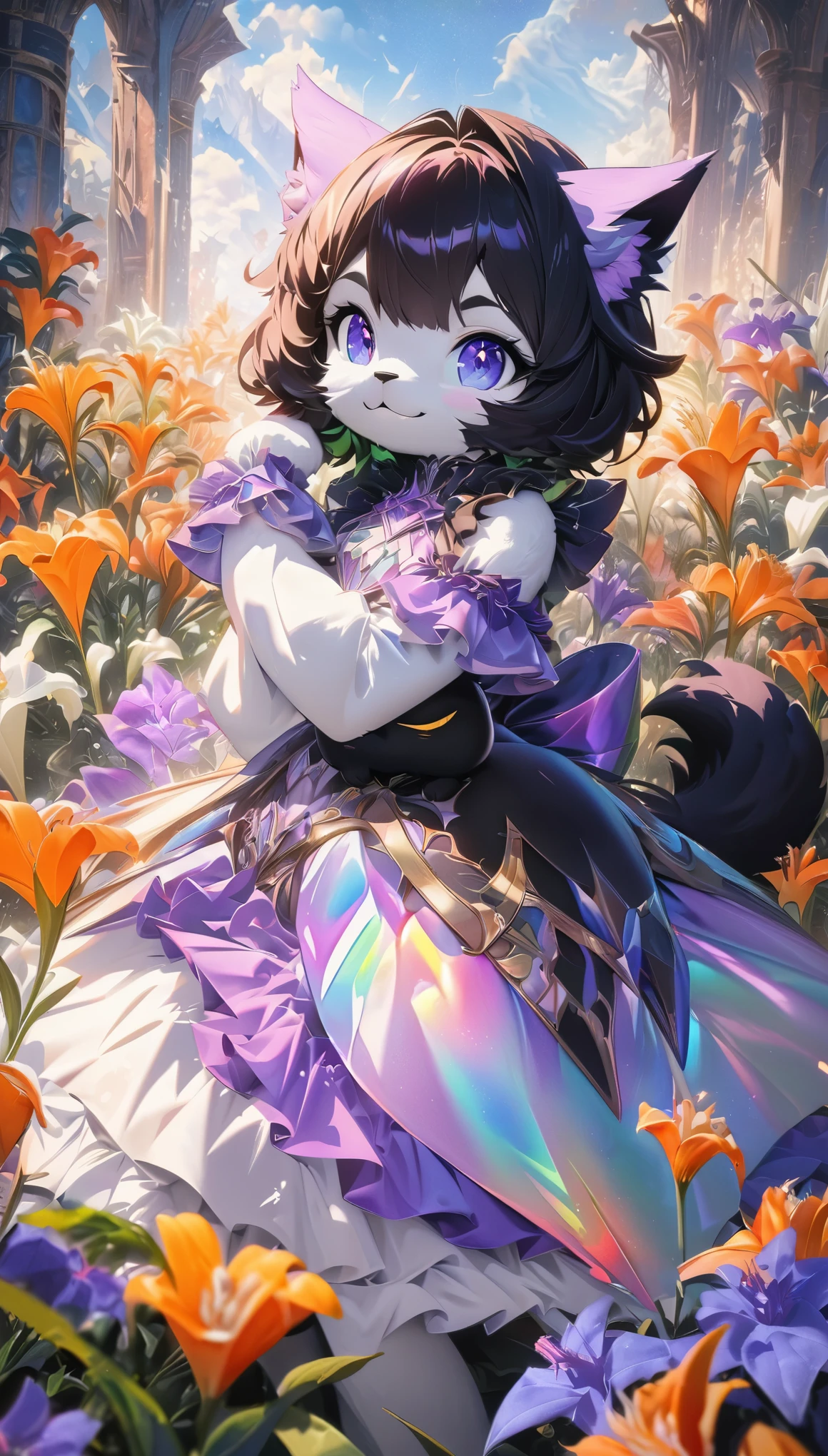 furry, personified, best quality, super fine, 16k, incredibly absurdres, extremely detailed, black cat beast-girl, looks very happy wearing cute frilly dress, cute pose, buried among white lilies of the valley, orange lilies, and purple violets, happy look, blend art, mixture art, design art, fantasy world image, variety of visual styles that combine various artistic elements like a sparkling iridescent pastel and vivid colors, sunlight shining through