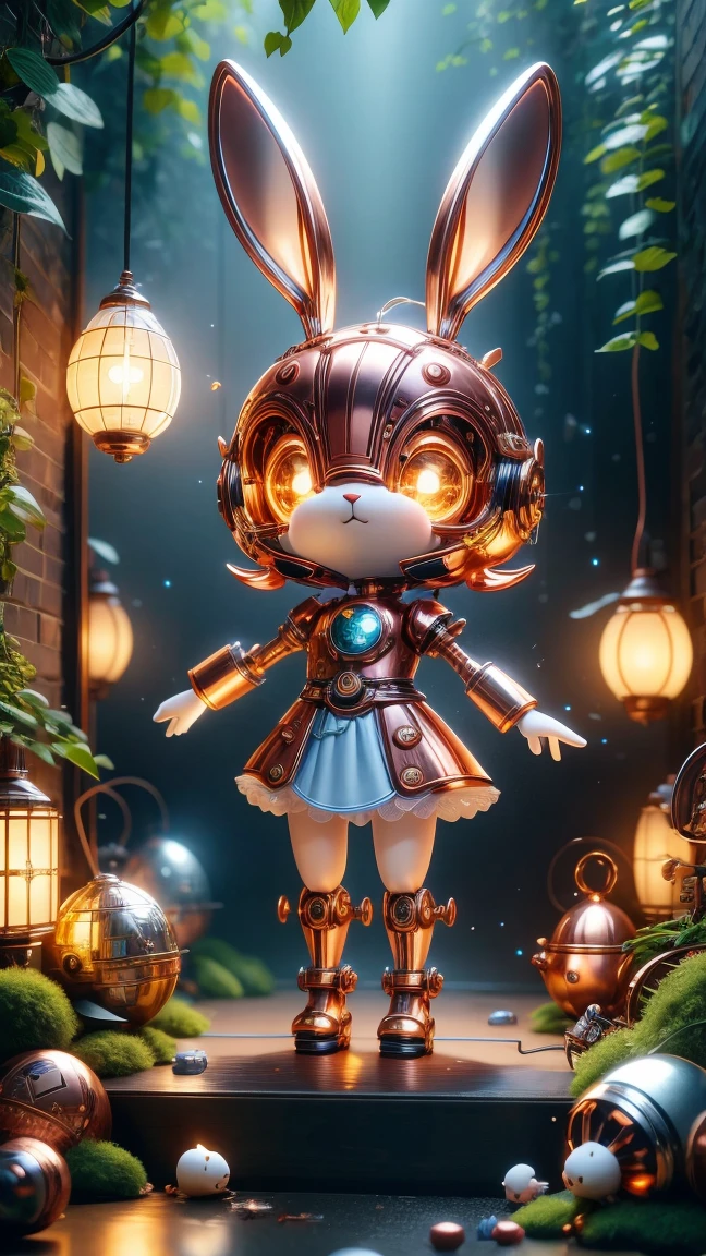 Pixar style, (Blind box toy style:1.2), Cute mechanical rabbit wearing clothes，透明发Light，霓虹灯Light，High precision mechanical parts，Its body is composed of fine copper and silver components.，眼睛像两颗发Light的宝石，Clean, White background, (global illumination, Light线追踪, high dynamic range, Unreal rendering, Reasonable design, high detail, masterpiece, best quality, ultra high definition, Light)，chibi, 3d