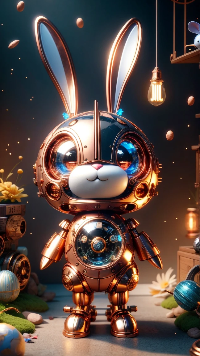 Pixar style, (Blind box toy style:1.2), Cute mechanical rabbit wearing clothes,透明发Light,霓虹灯Light,High precision mechanical parts,Its body is composed of fine copper and silver components.,眼睛像两颗发Light的宝石,Clean, White background, (global illumination, Light线追踪, high dynamic range, Unreal rendering, Reasonable design, high detail, masterpiece, best quality, ultra high definition, Light),chibi, 3d