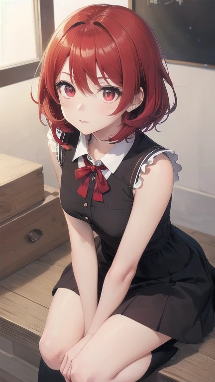 1girl, (masterpiece), best quality, expressive eyes, perfect face, anime girl with red hair, (anime girl wearing a black dress), school girl in gothic dress, ((stellar style eyes)), cute anime girl, fullbody, anime visual of a cute girl, , red eyes, red hair, small breast, short-hair, detail eyes, shining eyes