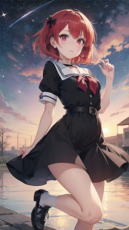 1girl, (masterpiece), best quality, expressive eyes, perfect face, anime girl with red hair, (anime girl wearing a black dress), school girl in gothic dress, ((stellar style eyes)), cute anime girl, fullbody, anime visual of a cute girl, 16 years old, red eyes, red hair, small breast, short-hair, detail eyes, shining eyes