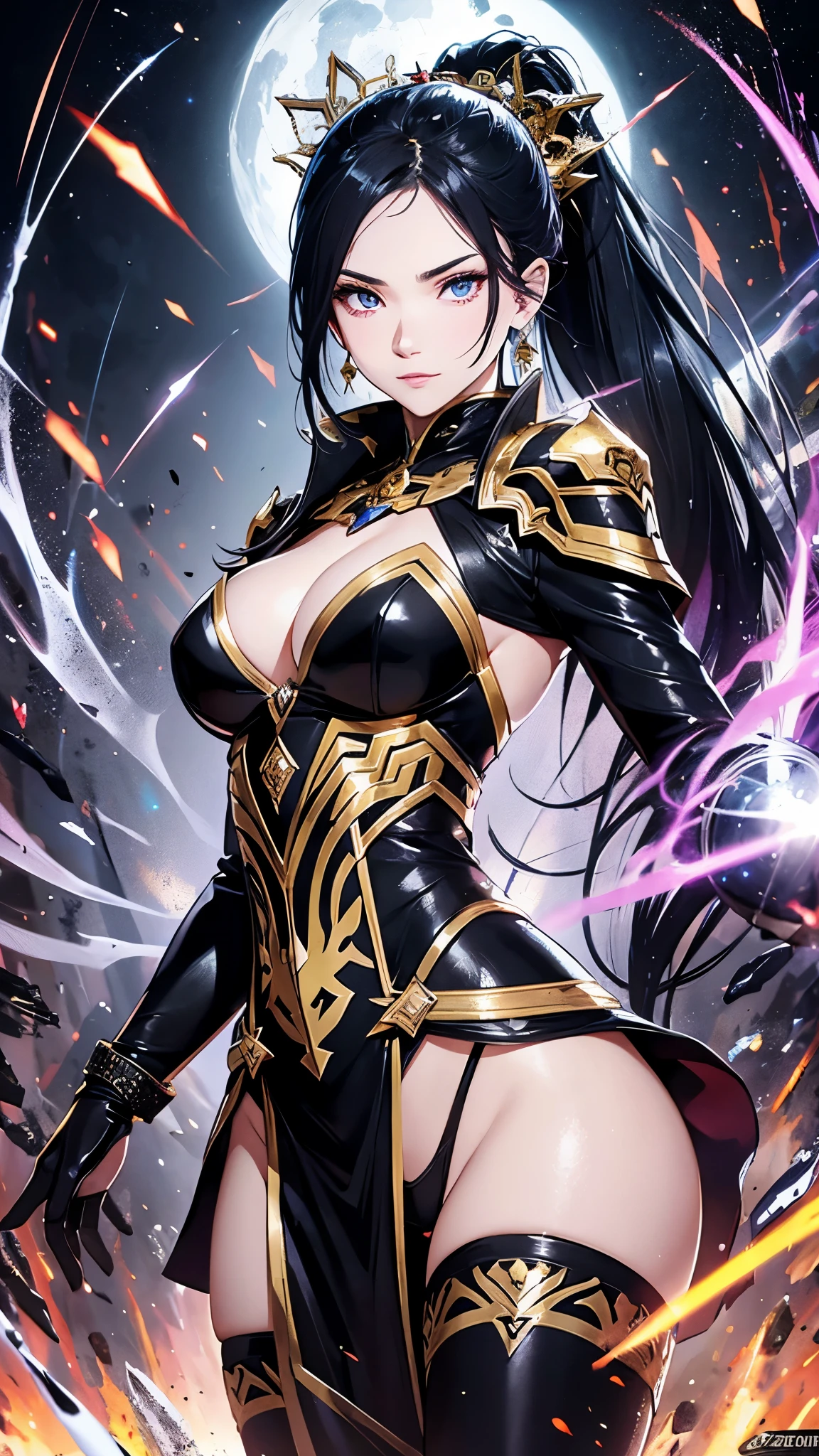 a mature woman, a china woman, Confident, mighty and strong, (black blue hair streaked sky blue luminous hair), ((Extra long high ponytail with single side ear front hair combed in back)), floating hair, hair strand, shiny hair, blue amber eyes, pupils sparkling, aqua eyes, glowing eyes, pupils sparkling, upturned eyes, long upper eyelashes, double eyelids, deep red purple lips, white crystal earrings, a slight smile, (((Glowing clothing effect))), (Silver full body heavy armor), (super high exquisite black and gold twin color pattern on silver armor:1.6), ((The left forearm is surrounded by fire)), ((The right forearm is surrounded by lightning)), (A huge upright magic ring of fire and thunder appears behind the shoulder:1.4), She is a war goddess, Random pose, Random expressions, Random background, White light surrounding the body, god rays, anime, full_body, Wide-Angle, UHD, masterpiece, award winning, 8k, super detail, best quality, retina, ccurate, super textured skin, super detail face, perfect face, Super fine facial details, beautiful and delicate eyes, perfect eyes, anatomically correct, correct limbs, correct finger, super detail finger, best hair quality, best clothing quality, best prop quality, best totem detail and quality, complex totem detail