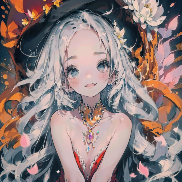 #quality(8k wallpaper of extremely detailed CG unit, masterpiece, hight resolution, top-quality, top-quality real texture skin,hyper realisitic, digitial painting,increase the resolution,RAW photos,best qualtiy,highly detailed,the wallpaper), solo,#1girl(cute, kawaii,small kid,hair floating,silver mesh hair,hair shining brightly,long halr,hair messy,eye color cosmic,big eyes,pale skin,breast,dynamic angle:1.4,close shot,detailed face,extremely detailed jewelry,vivd color,kindly smiling),#background(colorful,warm color,flower,the large amount of petals:1.4),nsfw