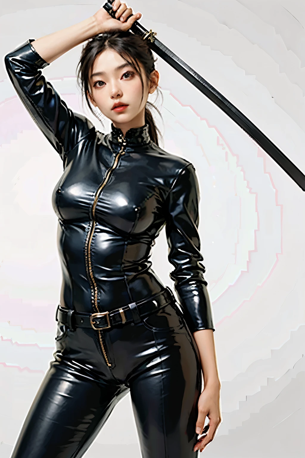 sexy asian woman in black leather outfit holding a sword, busty, black leather slim clothes, leather clothing, tight leather bodysuit, photorealistic, detailed