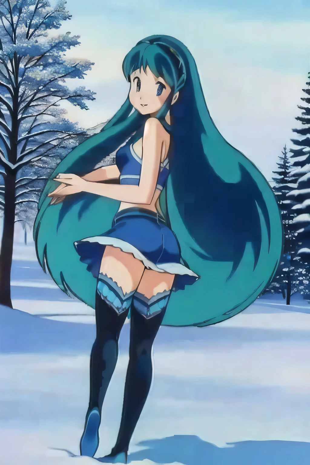 (Realistic:1.5) full body shot, solo, long hair, blue eyes, green hair, thighhighs, Lace skirt with a tank top, A frozen wonderland with ice formations and snow-covered trees. background,
