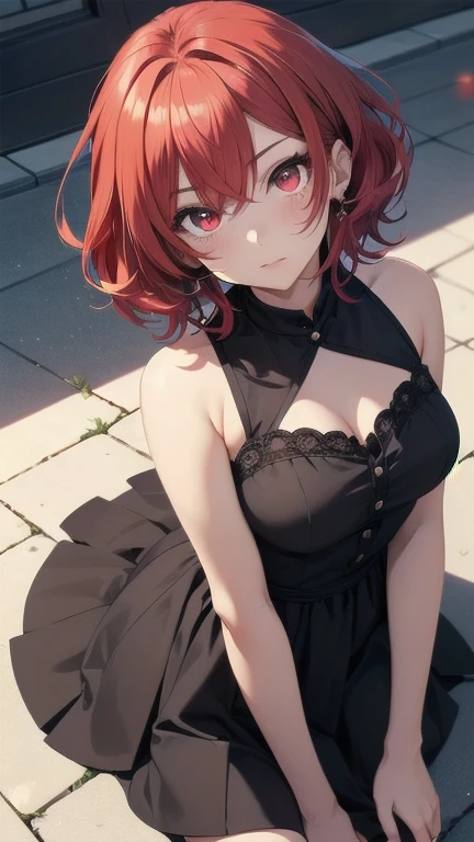 1girl, (masterpiece), best quality, expressive eyes, perfect face, anime girl with red hair, (anime girl wearing a black dress), school girl in gothic dress, stellar style eyes, cute anime girl, fullbody, anime visual of a cute girl, , red eyes, red hair, small breast, short-hair, detail eyes, shining eyes