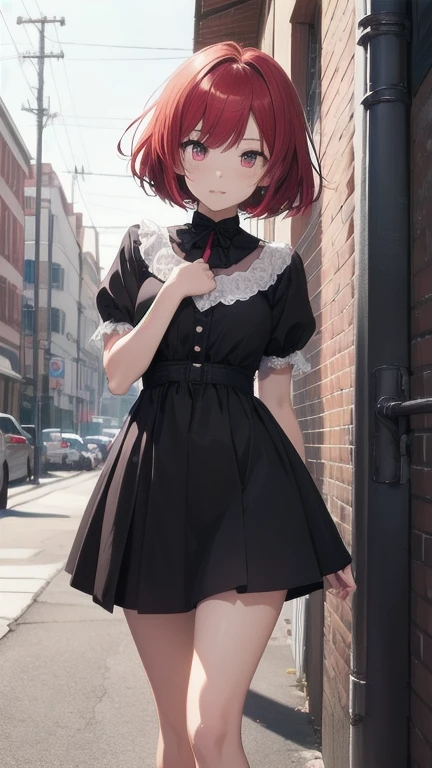 1girl, (masterpiece), best quality, expressive eyes, perfect face, anime girl with red hair, (anime girl wearing a black dress), school girl in gothic dress, stellar style eyes, cute anime girl, fullbody, anime visual of a cute girl, 16 years old, red eyes, red hair, small breast, short-hair, detail eyes, shining eyes