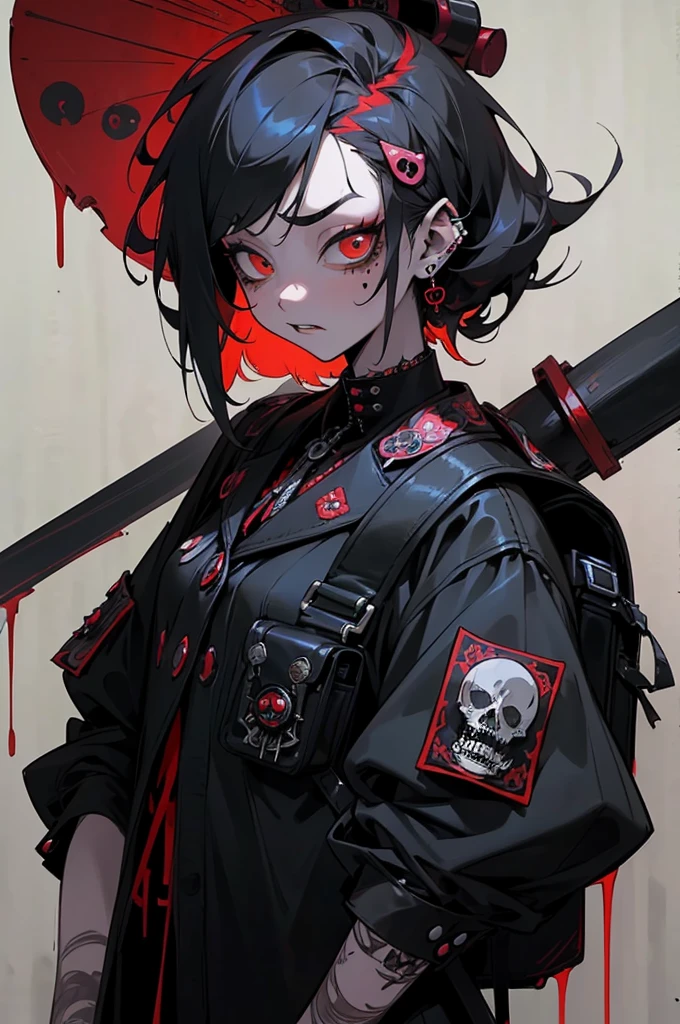 ((18-year-old punk girl,Unusual punk hair:1.3)),((Red and black punk fashion:1.5)),(Skeleton Brooch)Studded clothing、((Punk rock patch))、((Black backpack on the back))、(Light black and blue hair:1.5),Wacky makeup、full body, (masterpiece), (High resolution), (super delicate), scribble, nightmare, doll-like face, cartoon style, rough sketch, Horror elements, Comic style illustration, Japanese painting, Apparition, (Creepy), Japanese carving, crazy illustration, antique, dark atmosphere, flat illustration,Creepyな外観, Distinctive messy hairstyle, creative accessories, unique atmosphere