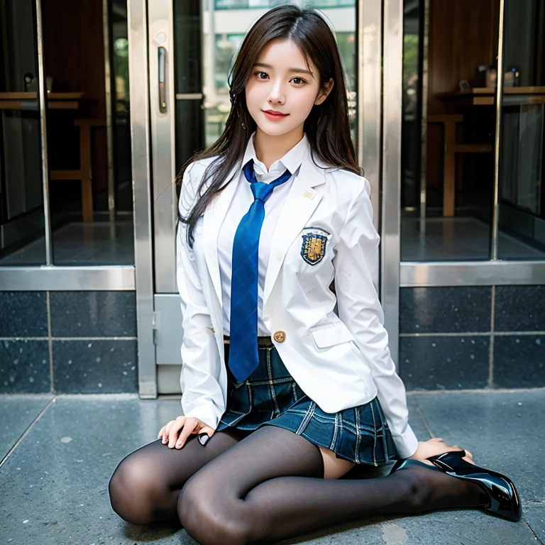 (8K), (highest quality: 1.2), (realistic), (realistic: 1.37), ultra high resolution, (1 girl), cute, smile, closed mouth, beautiful details, beautiful nose, wet hair, giant dulcefo, pork, thighs，self snap,University Student Uniform,simple blazer,pleated skirt,(The pattern of the skirt and tie is a tartan check pattern...:1.3),(sitting:1), sit on the ground,(hugging own legs:1),opaque tights,from the front