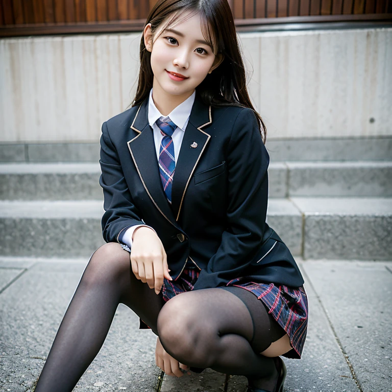 (8K), (highest quality: 1.2), (realistic), (realistic: 1.37), ultra high resolution, (1 girl), cute, smile, closed mouth, beautiful details, beautiful nose, wet hair, giant dulcefo, pork, thighs,self snap,University Student Uniform,simple blazer,pleated skirt,(The pattern of the skirt and tie is a tartan check pattern...:1.3),(sitting:1), sit on the ground,(hugging own legs:1),opaque tights,from the front