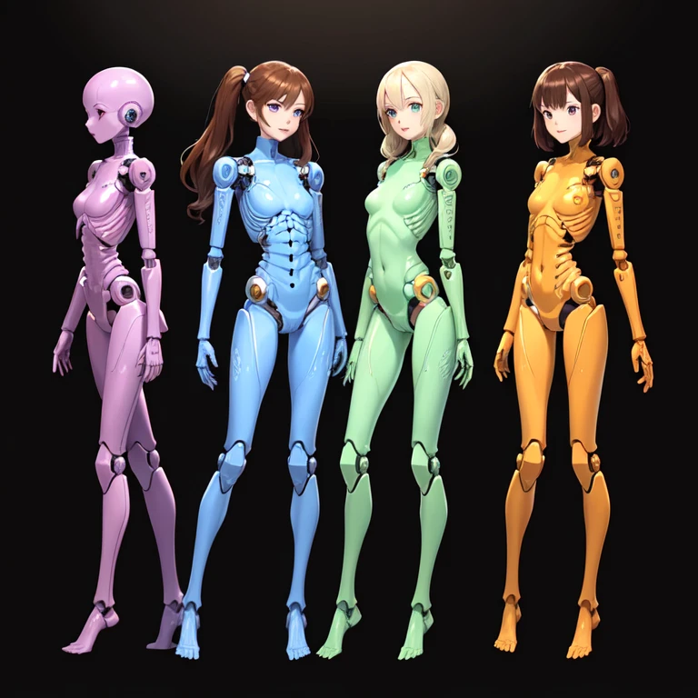 Multiple robot women, 
 All of them have human female faces.,
 Everyone except their faces are machines.,
 Everyone is not wearing clothes,
 brown hair,
 wavy hair,
 hazel eyes,
 very detailed,
 smile,
 Everyone is a machine except for their faces.,
 All have mechanical limbs,
 No clothes for everyone,
 All exposed internal skeletons,
 Everyone has a different colored internal skeleton.,
 full body shot, 
 clone, Millions of Robot Girls, Crowded, Robot girls marching in the background, all showing each other their bodies and laughing,