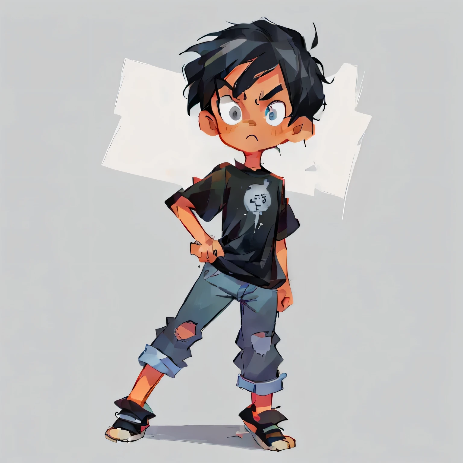 A manga style drawing of a light skinned, teenage boy standing in a triumphant pose. He has slightly wavy and unruly short black hair, and sinister eyes. He's dressed in a plain black t-shirt, and uses jeans and sneakers. The boy can be seen frowning in a malicious and sinister way, with the look like he's devising a plan to take over the world.