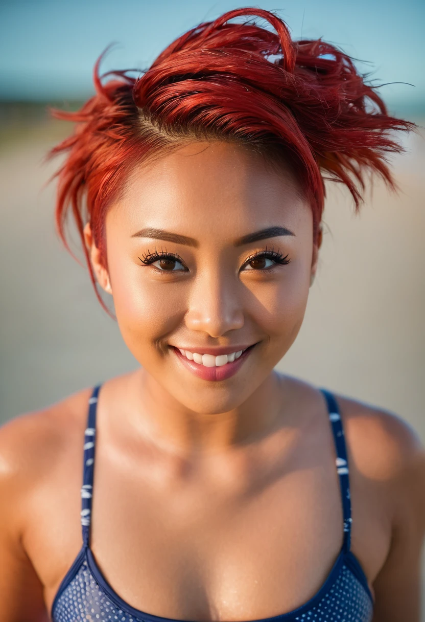  A detailed full body photo of Maci Bradley, an English asian girl, 22 years old, athletic body, upturned hazel eyes, short beehive hairdo red hair, thin eyebrows, happy face,
wearing swimsuit,
hug,looking down,
indoors, a beach, summer,
Hasselblad 500C, Straight on, Medium Close Up frontal, long exposure, (realistic, highly-detailed, masterpiece, 8k)