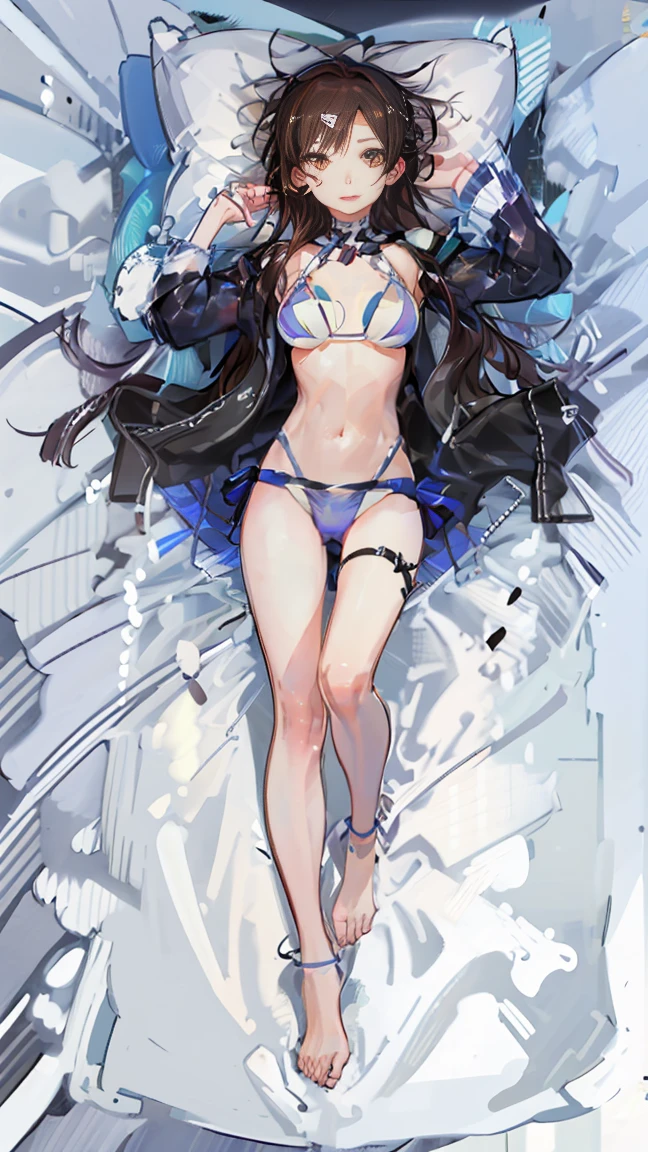 2 girls, the best, masterpiece, HD, (whole body), Symmetrical, alone, (whole body from head to toe), ((moro liberation front)), slingshot bikini, unrealistic, (( camel toe)), ((((translucent bikini)))), ((((translucent)))), ((((transparent)))), (((transparent clothing))), whole body视图, Look toward the camera, ((Life-size pillow picture)), ((dakimakura)), (Lying in bed),Physically based rendering, beautiful women, Perfect body, Smile, bedroom, Giant breast, barefoot, toe