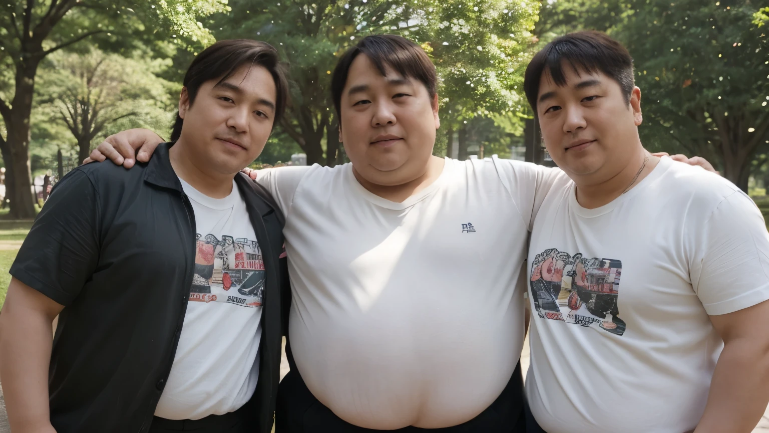 Japanese、(((male)))、40 generations、I'm in the park、sunshine、(((uncle)))、wearing a t-shirt、The tummy is coming out、looking here、(((There are 3 of them)))、(((Are fat))