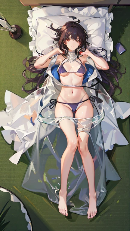 2 girls, the best, masterpiece, HD, (whole body), Symmetrical, alone, (whole body from head to toe), ((moro liberation front)), slingshot bikini, unrealistic, (( )), ((((translucent bikini)))), ((((translucent)))), ((((transparent)))), (((transparent clothing))), whole body视图, Look toward the camera, ((Picture of life-size pillows for 2 people separated left and right)), ((dakimakura)), (Lying in bed),Physically based rendering, beautiful women, Perfect body, Smile, bedroom, Giant breast, bt, toe