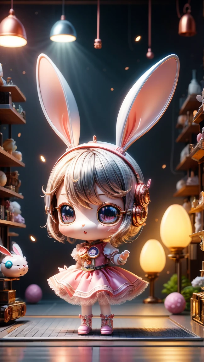 Pixar style, (Blind box toy style:1.2), Cute mechanical rabbit wearing clothes，透明发Light，霓虹灯Light，High precision mechanical parts，Its body is composed of fine copper and silver components.，眼睛像两颗发Light的宝石，Clean, White background, Pink Tulle Skirt(global illumination, Light线追踪, high dynamic range, Unreal rendering, Reasonable design, high detail, masterpiece, best quality, ultra high definition, Light)，chibi, 3d