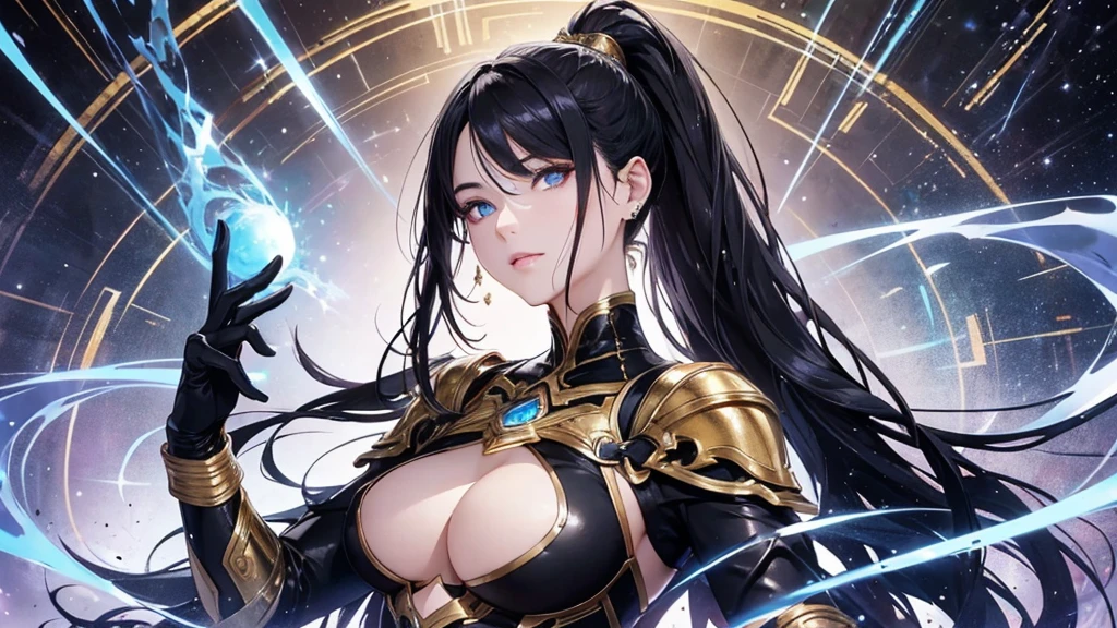 a mature woman, a china woman, Confident, mighty and strong, (black blue hair streaked sky blue luminous hair), ((Extra long high ponytail with single side ear front hair combed in back)), floating hair, hair strand, shiny hair, blue amber eyes, pupils sparkling, aqua eyes, glowing eyes, pupils sparkling, upturned eyes, long upper eyelashes, double eyelids, deep red purple lips, white crystal earrings, a slight smile, (((Glowing clothing effect))), (Silver full body heavy armor), (super high exquisite black and gold twin color pattern on silver armor:1.6), ((The left forearm is surrounded by fire)), ((The right forearm is surrounded by lightning)), (A huge upright magic ring of fire and thunder appears behind the shoulder:1.4), She is a war goddess, Random pose, Random expressions, Random background, White light surrounding the body, god rays, anime, full_body, Wide-Angle, UHD, masterpiece, award winning, 8k, super detail, best quality, retina, ccurate, super textured skin, super detail face, perfect face, Super fine facial details, beautiful and delicate eyes, perfect eyes, anatomically correct, correct limbs, correct finger, super detail finger, best hair quality, best clothing quality, best prop quality, best totem detail and quality, complex totem detail