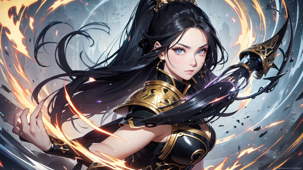Close-up of a woman in a black three-point bikini holding a long sword,a character portrait by Yang J,The popularity of CGsociety,Fantasyart,beautiful character painting,Guviz-style artwork,Guvitz,Black three-point bikini,Slim figure,Vest line,epic exquisite character art,stunning character art,Beutiful women